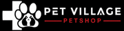 A black square graphic with a white paw print and cross icon on the left, next to the text 'PET VILLAGE' in large white letters and 'PETSHOP' in smaller red letters below, on a black background.