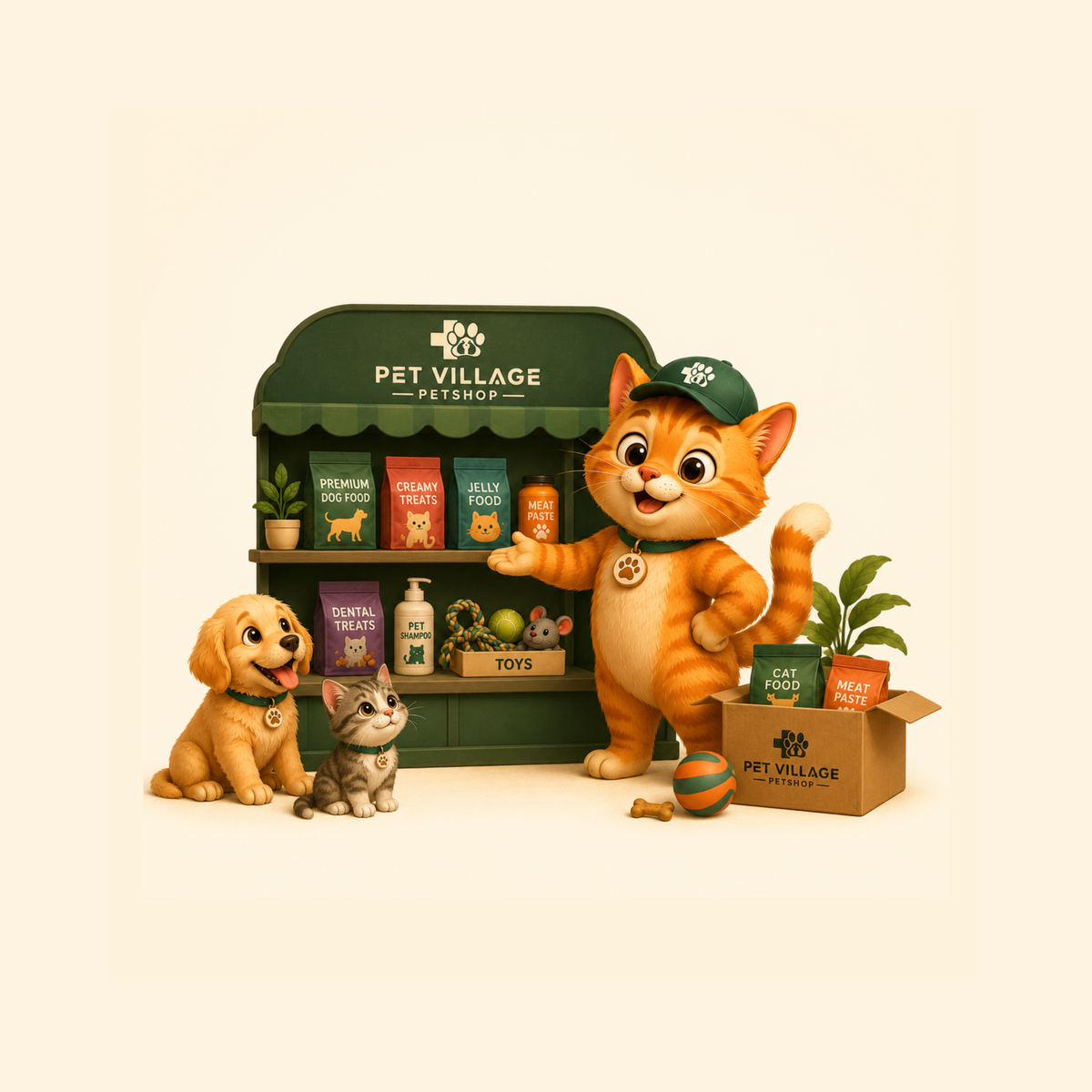 A whimsical illustrated pet store scene with a smiling orange cat wearing a green cap and badge, standing beside a cardboard box of pet food, a small ball, and a green display stand labeled PET VILLAGE PETSHOP. A golden retriever and a small tabby kitten sit nearby on a cream background.
