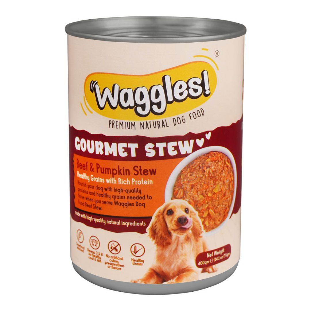 Waggles Wet Dog Food Canned - Beef and Pumpkin Stew - 400g