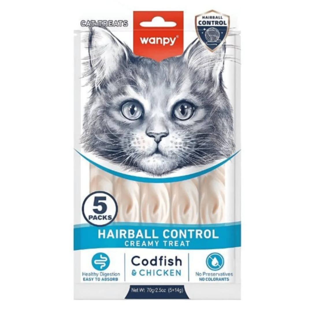 Wanpy Functional Creamy Lickable Cat Treat - Hairball Control - 5x14g